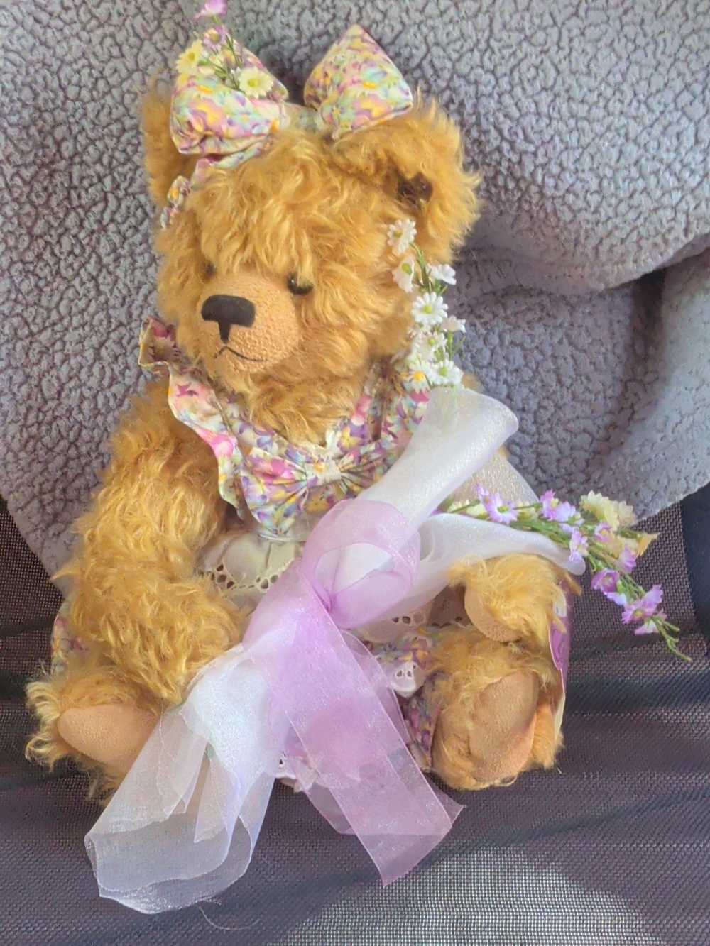 Plush Golden Brown Floral Dress Teddy Bear with Bow